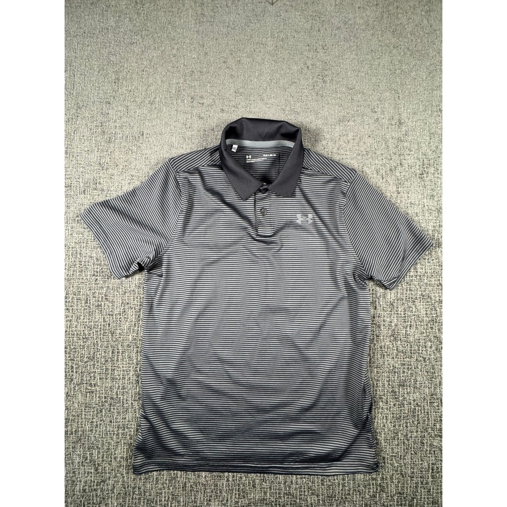 Under Armour Kids Grey Black Striped HeatGear Loose Polo Shirt Size‎ YLG Large